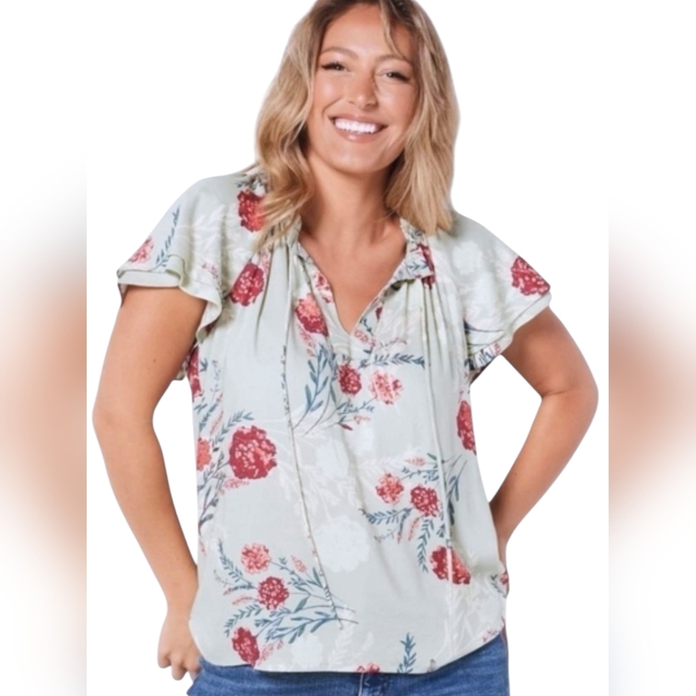 Candace Cameron Bure Flutter Sleeve Split Neck Green Floral Blouse - Sz M